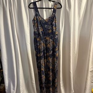 Market & Spruce Navy and Mustard Floral Straight Legged Jumpsuit